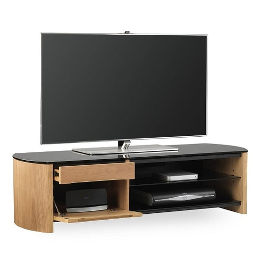 Finewoods Medium Wooden TV Stand In Light Oak With Black Glass
