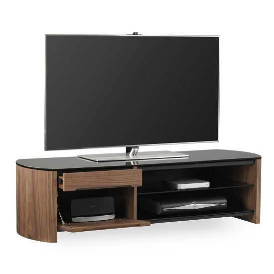 Finewoods Medium Wooden TV Stand In Walnut With Black Glass