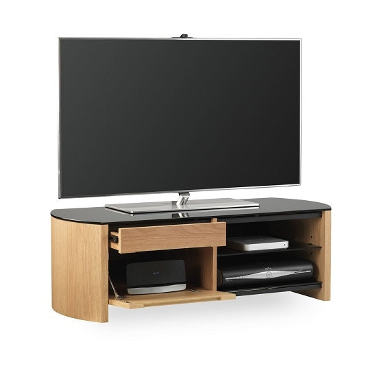 Finewoods Small Wooden TV Stand In Light Oak With Black Glass