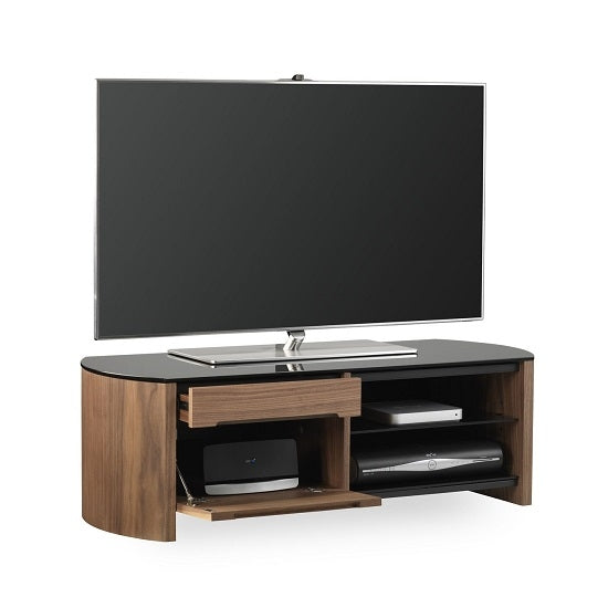 Finewoods Small Wooden TV Stand In Walnut With Black Glass
