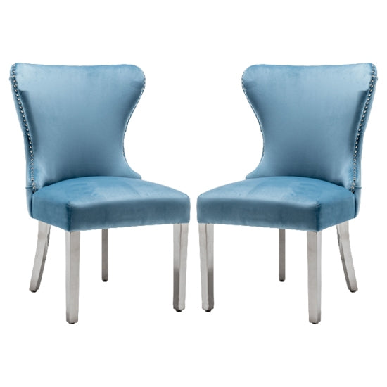 Florence Button Back Blue Velvet Upholstered Dining Chairs In Pair