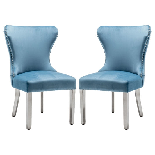 Florence Button Back Blue Velvet Upholstered Dining Chairs In Pair