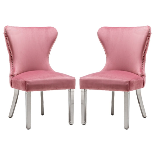 Florence Button Back Blush Pink Velvet Upholstered Dining Chairs In Pair
