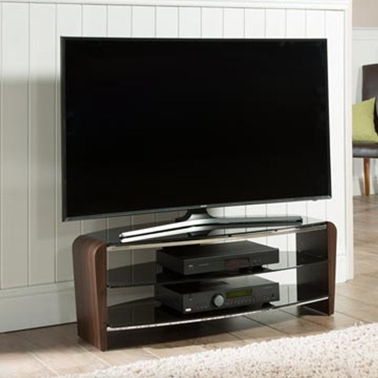 Francium Medium Wooden TV Stand In Walnut With Black Glass