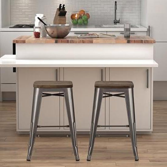 Fusion Antique Gun Metal Backless Counter Stools In Pair With Wooden Seat