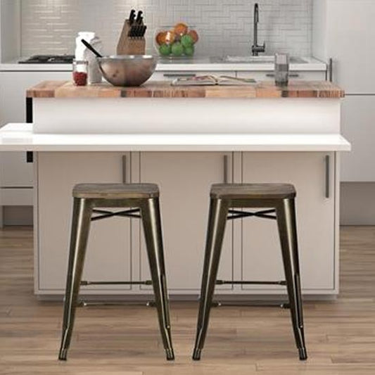 Fusion Bronze Metal Backless Counter Stools In Pair With Wooden Seat