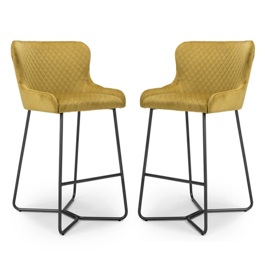 Gala Mustard Brushed Velvet Bar Stools In Pair