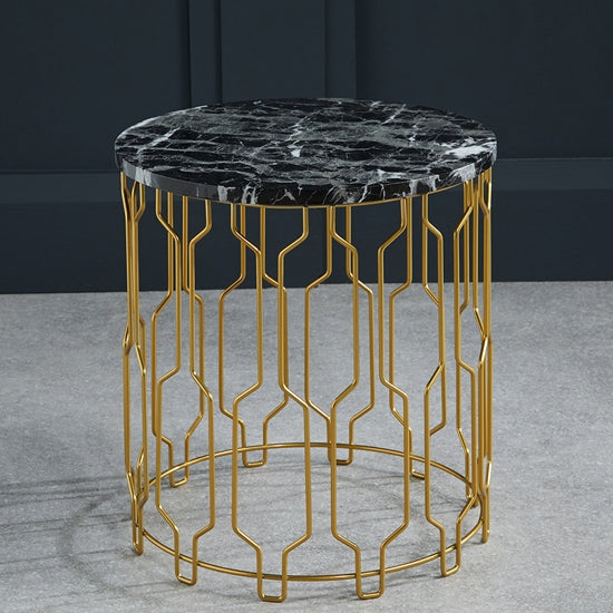 Grace Round Wooden End Table In Black Marble Effect