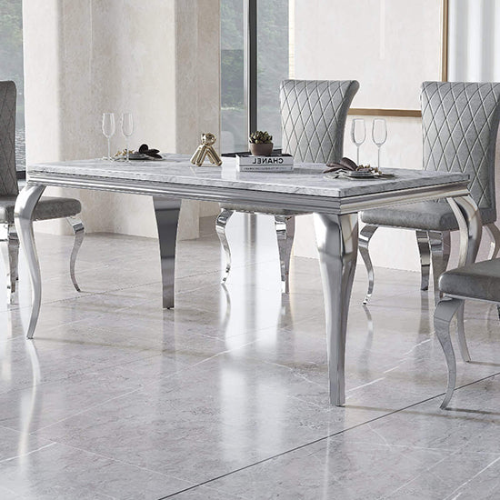 Grande Natural Stone Dining Table In Marble Effect With Stainless Steel Base