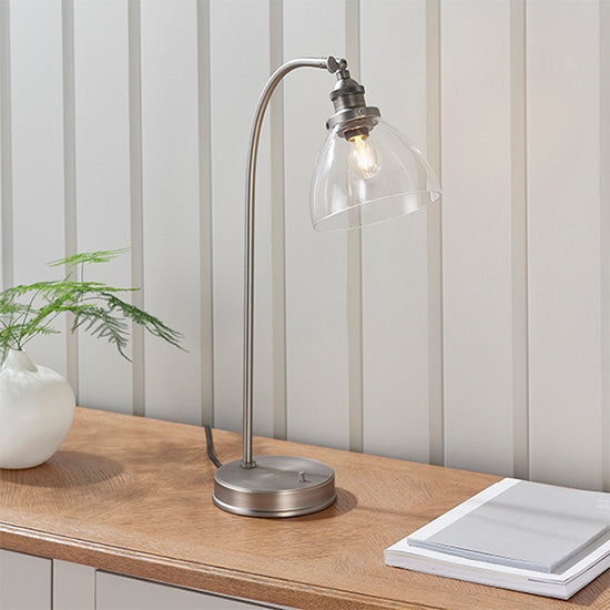 Hansen Clear Glass Shade Task Table Lamp In Brushed Silver