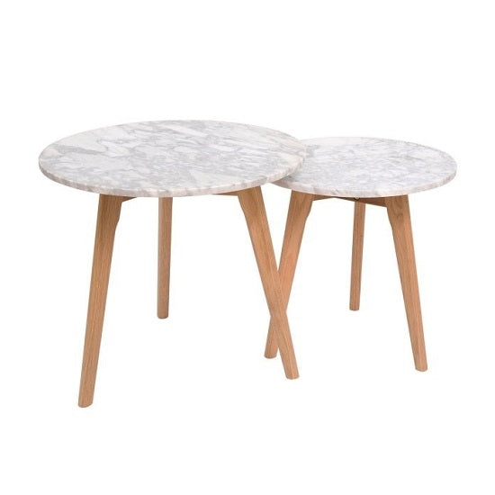 Harlow Round White Marble Nest Of Tables With Oak Legs