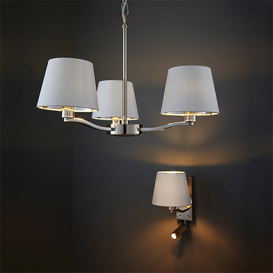 Harvey Vintage White Fabric Shades 3 Lights Ceiling Pendant Light In Bright Nickel