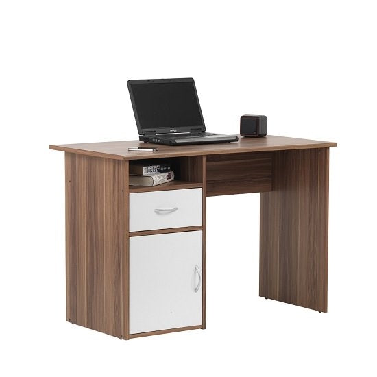 Hastings Wooden Computer Desk In Walnut And White With 1 Door
