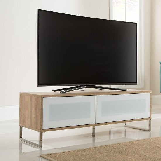 Helium Wooden TV Stand In White High Gloss And Oak With Flip Door