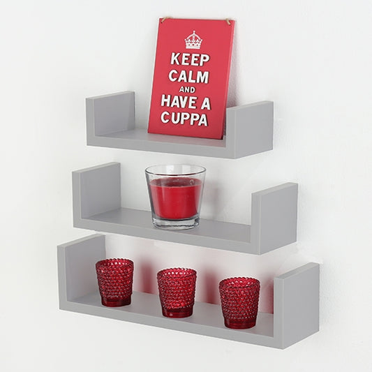 Hudson Wooden Set Of 3 Floating U Shape Wall Shelves In Matt Grey