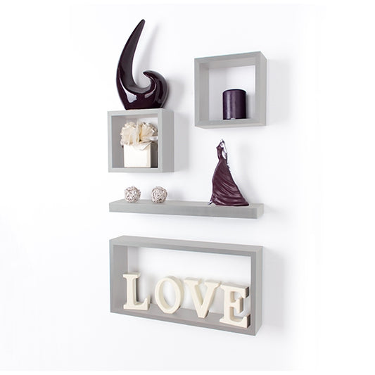 Hudson Wooden Set Of 4 Wall Shelves In Light Grey
