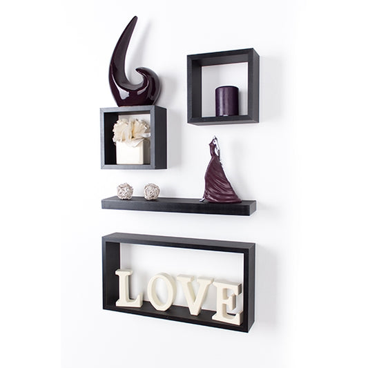 Hudson Wooden Set Of 4 Wall Shelves In Matt Black
