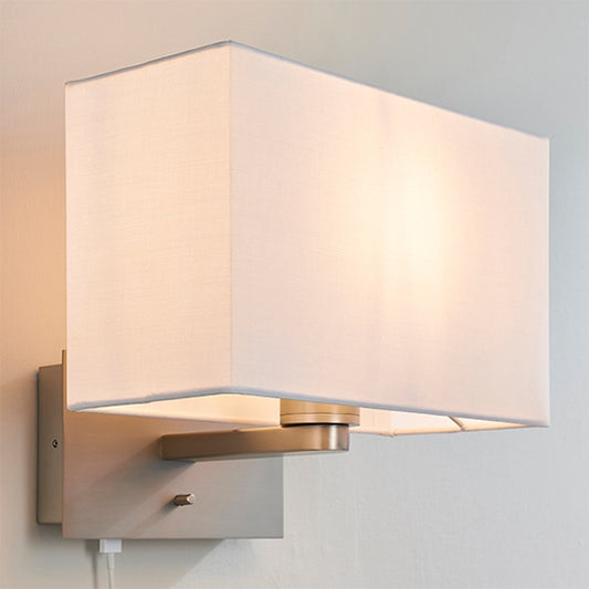 Issac Rectangular Vintage White Shade Wall Light With USB In Matt Nickel