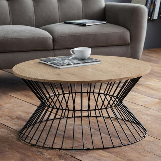 Jersey Round Wire Wooden Coffee Table In Oak