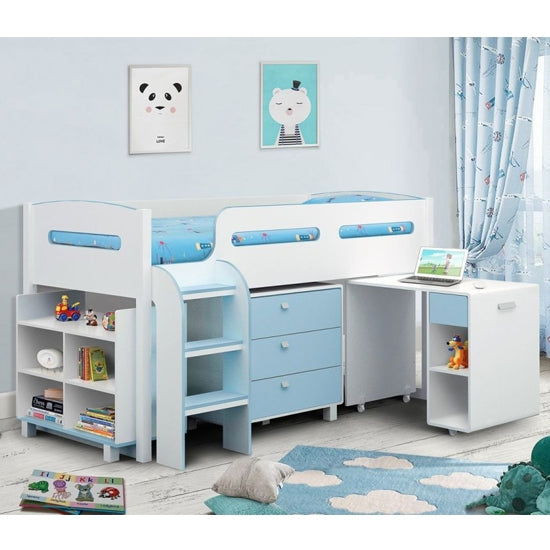 Kimbo Wooden Cabin Bed In Matt White And Blue
