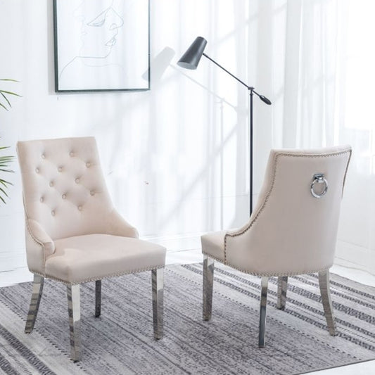 Knightsbridge Knocker Cream Velvet Upholstered Dining Chairs In Pair