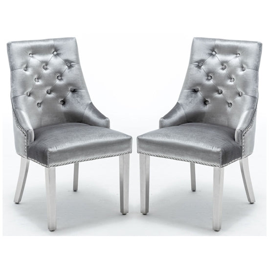 Knightsbridge Knocker Back Shimmer Grey Velvet Dining Chair In Pair