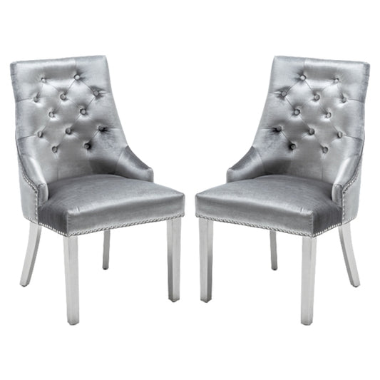 Knightsbridge Knocker Shimmer Grey Velvet Upholstered Dining Chairs In Pair