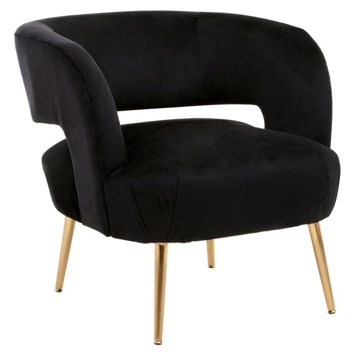 Larissa Velvet Upholstered Armchair In Black With Gold Legs Elegant