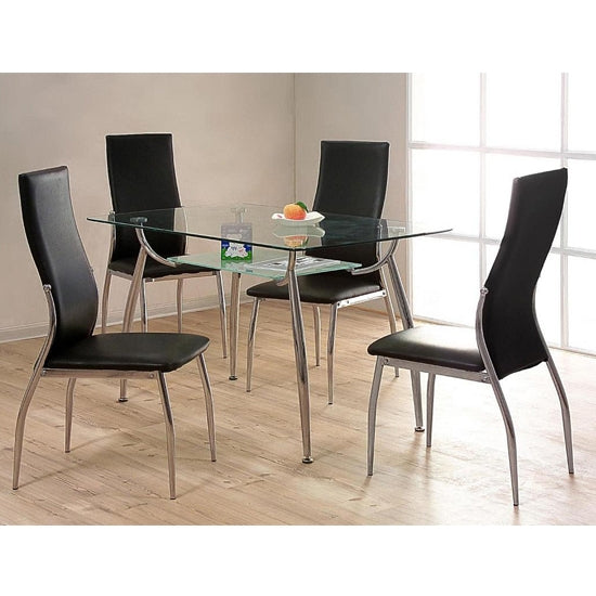 Lazio Clear Glass Dining Set With 4 PU Black Chairs