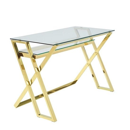 Levi Clear Glass Computer Desk In Gold Strainlees Steel Frame