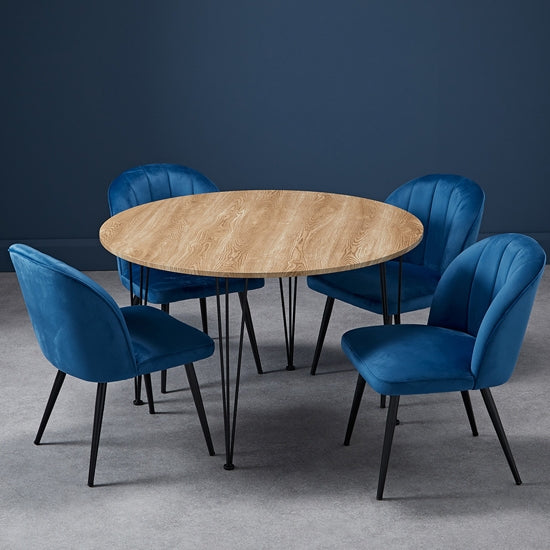 Liberty Round Wooden Dining Table In Oak With 4 Orla Blue Chairs
