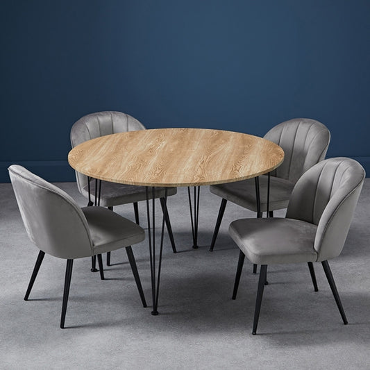 Liberty Round Wooden Dining Table In Oak With 4 Orla Grey Chairs