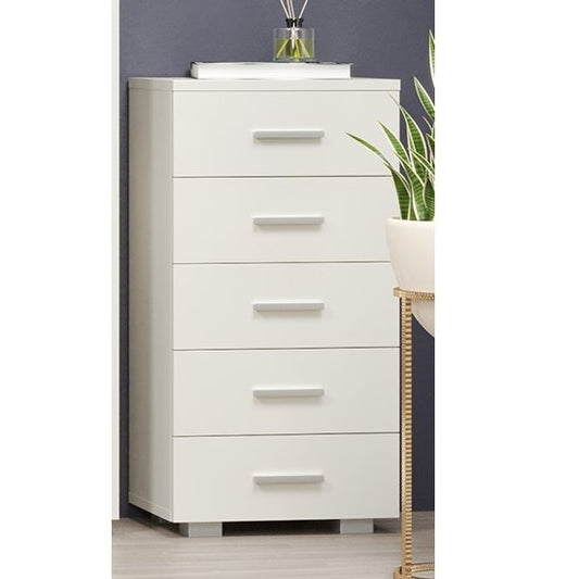 Lido Wooden Narrow Chest Of 5 Drawers In White High Gloss