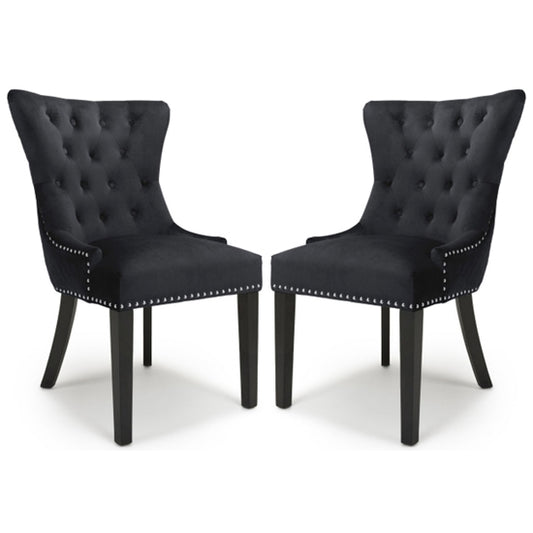 Lionhead Ring Back Black Brushed Velvet Dining Chairs With Black Legs In Pair