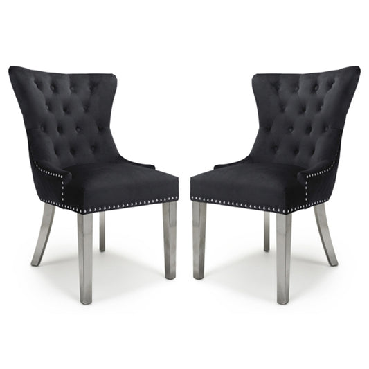 Lionhead Ring Back Black Brushed Velvet Dining Chairs With Silver Legs In Pair