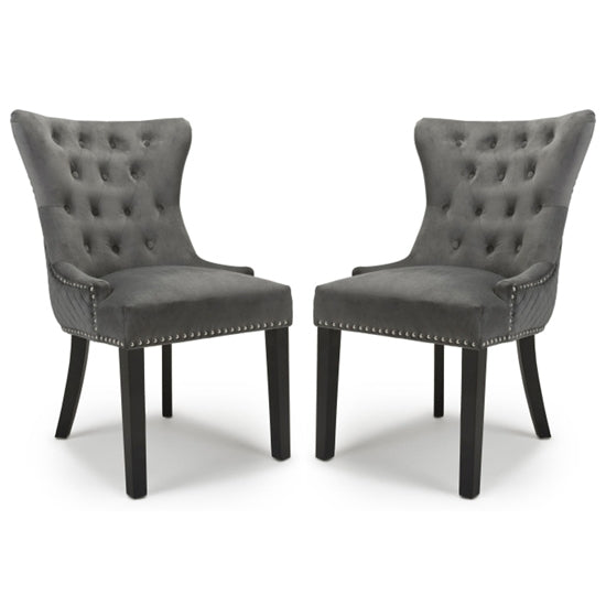 Lionhead Ring Back Grey Brushed Velvet Dining Chairs With Black Legs In Pair