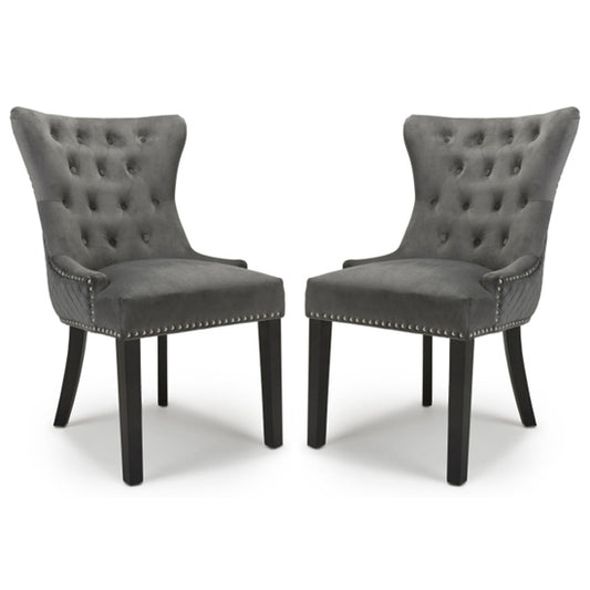 Lionhead Ring Back Grey Brushed Velvet Dining Chairs With Black Legs In Pair