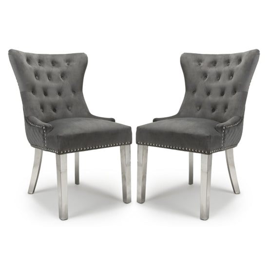 Lionhead Ring Back Grey Brushed Velvet Dining Chairs With Silver Legs In Pair