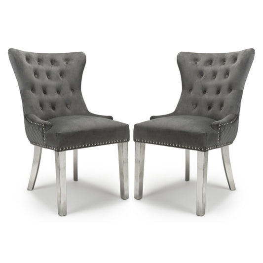 Lionhead Ring Back Grey Brushed Velvet Dining Chairs With Silver Legs In Pair