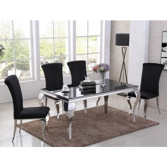Liyana Black Glass Top Marble Dining Table With 4 Liyana Black Chairs