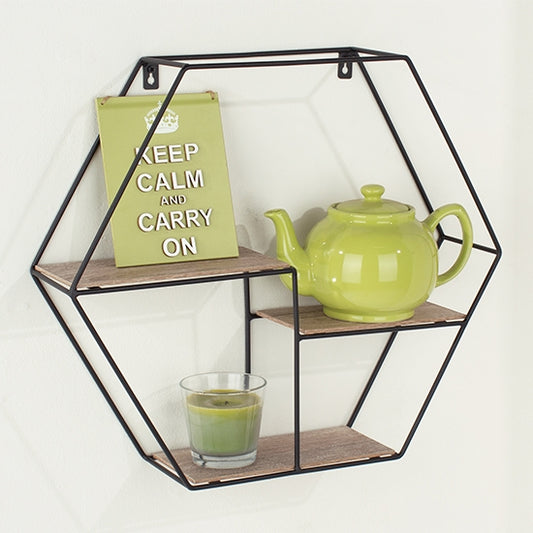 Loft Wooden Hexagonal Display Wall Shelf In Wood Effect
