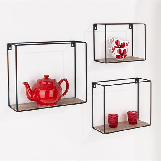 Loft Wooden Set Of 3 Display Wall Shelves In Wood Effect