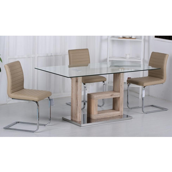 Lucia Clear Glass Dining Set With Natural Legs And 6 PU Cream Chairs