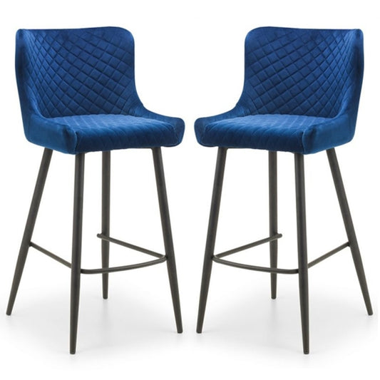 Luxe Blue Velvet Upholstered Bar Stools In Pair