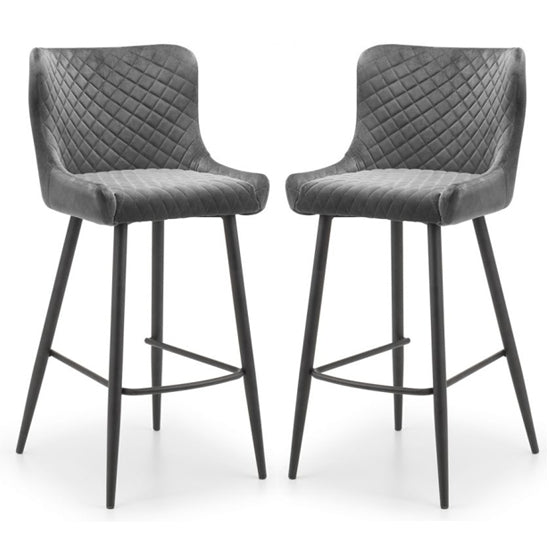 Luxe Grey Velvet Upholstered Bar Stools In Pair