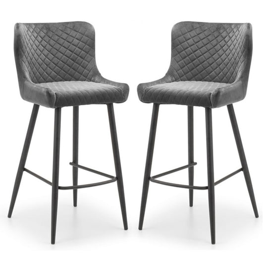 Luxe Grey Velvet Upholstered Bar Stools In Pair