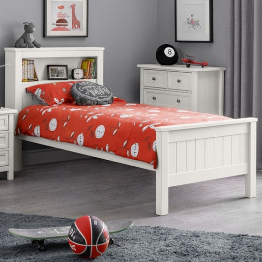 Maine Wooden Single Bed With Bookcase In Surf White