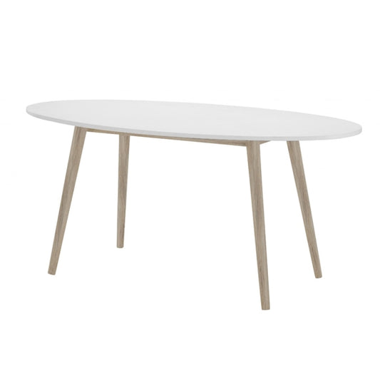 Mapleton Oval Wooden Dining Table In White With Oak Legs