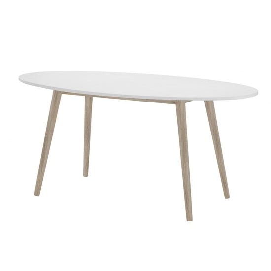 Mapleton Oval Wooden Dining Table In White With Oak Legs