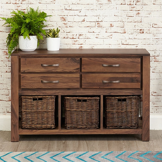 Mayan Wooden 4 Drawers 3 Shelves Console Table In Walnut